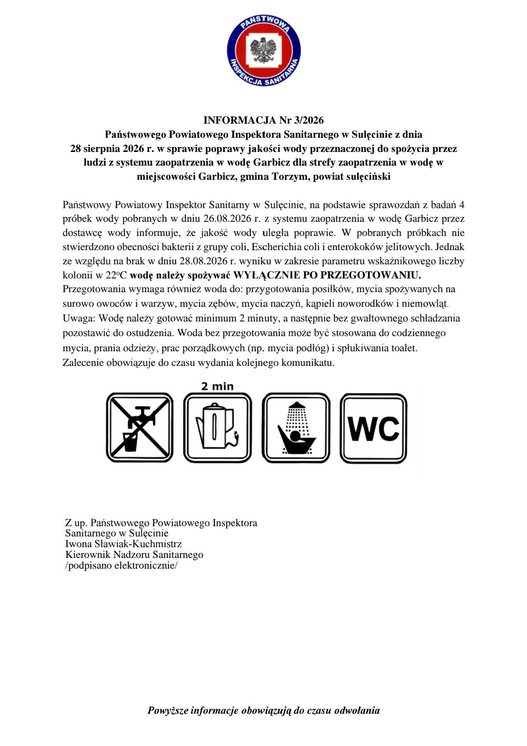 Garbicz - informacja sanepid - woda zdatna do spożycia po przegotowaniu