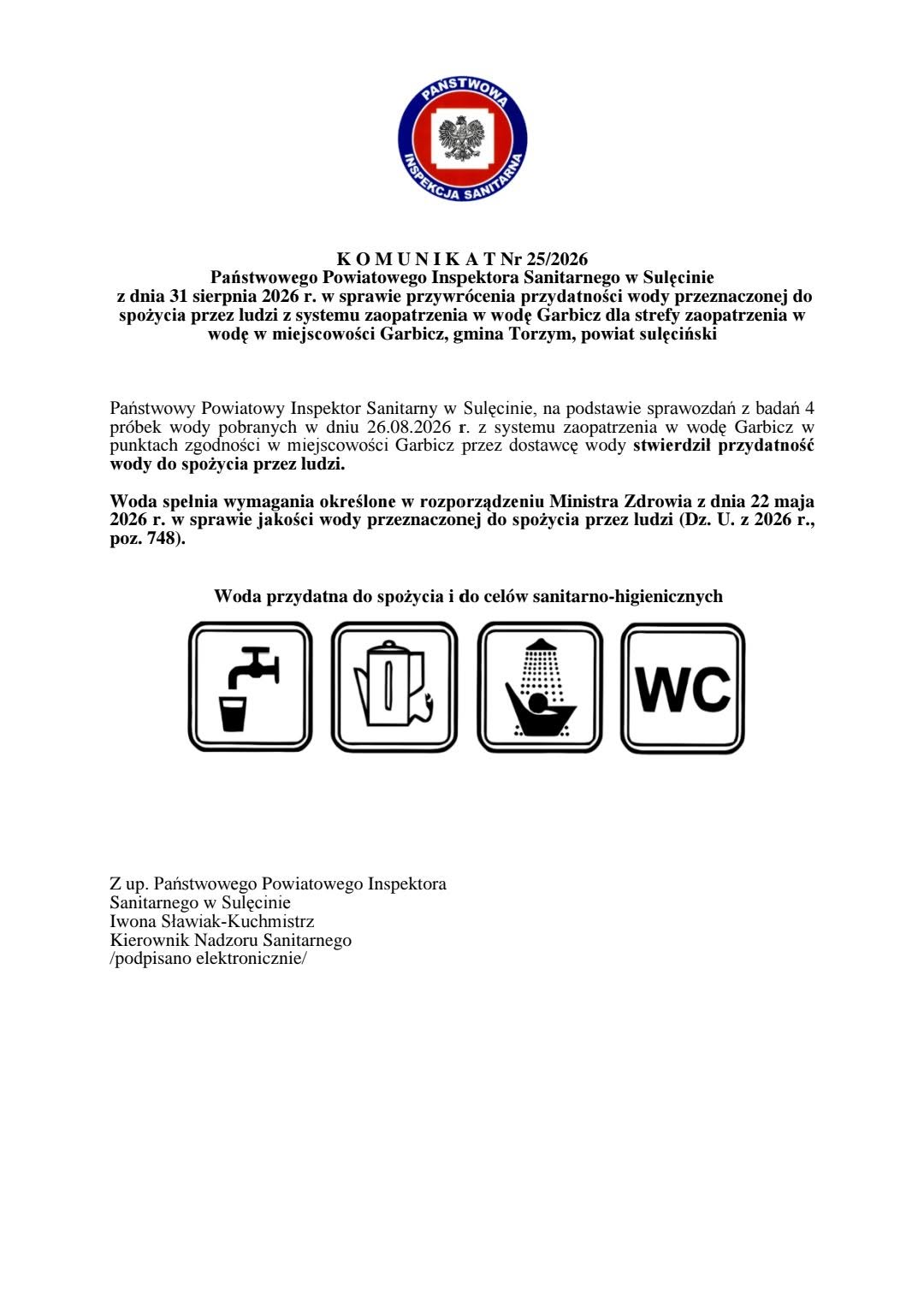Garbicz - komunikat sanepid z&nbsp;31 sierpnia 2026 - woda zdatna do picia
