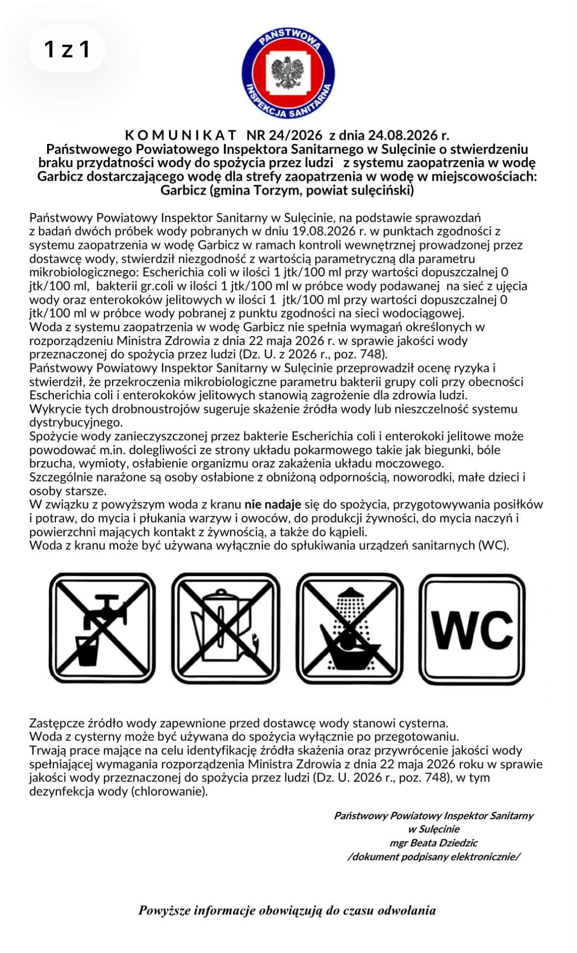 Garbicz - komunikat z&nbsp;dnia 24 sierpnia 2026 o&nbsp;wodzie niezdatnej do picia