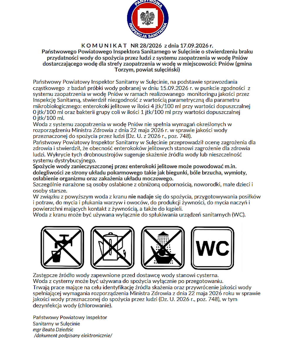 Komunikat sanepidu o&nbsp;niezdatności wody do spożycia w&nbsp;Pniowie