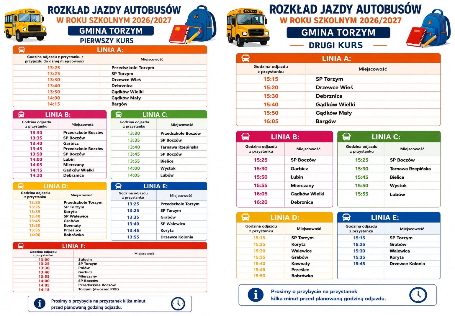 Rozkład jazdy autobus&oacute;w w&nbsp;roku szkolnym 2026-2027 powroty - pierwszy i&nbsp;drugi kurs