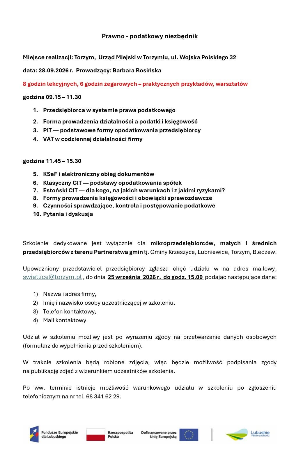 Szkolenie prawno-podatkowe dla przedsiębiorc&oacute;w - Torzym 28 września 2026