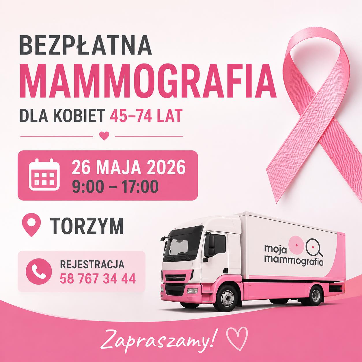 Badania mammograficzne w&nbsp;Torzymiu 26 maja 2026 od godz 9