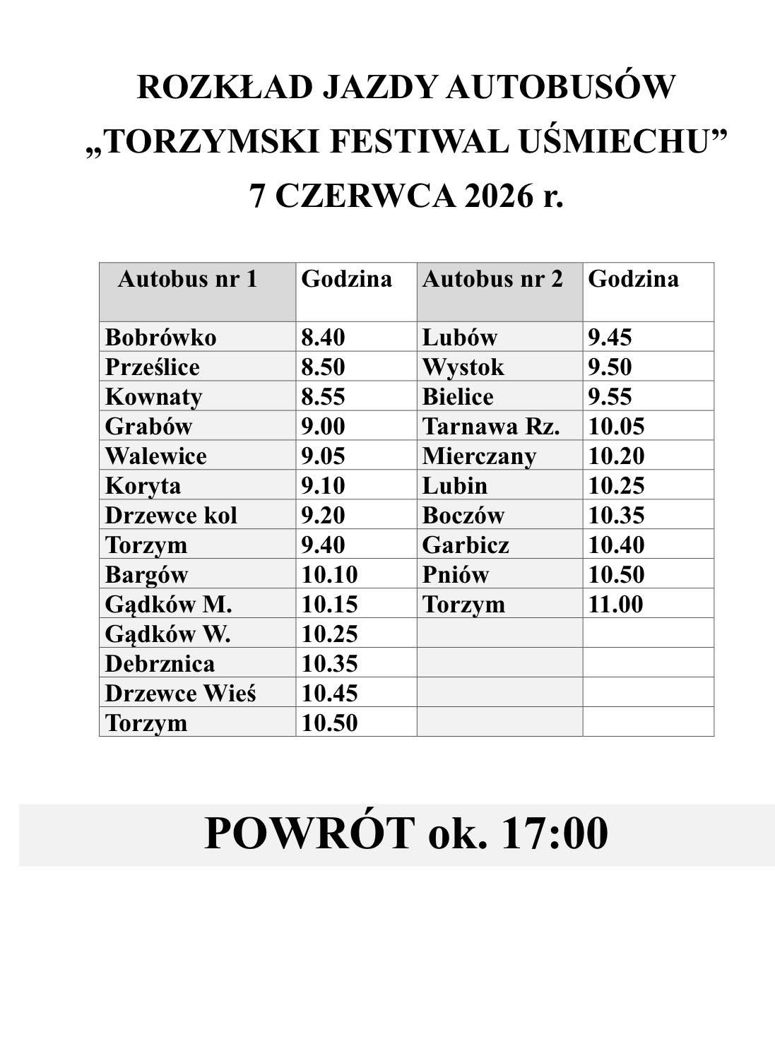 Rozkład jazdy autobus&oacute;w na&nbsp;Torzymski Dzień Uśmiechu