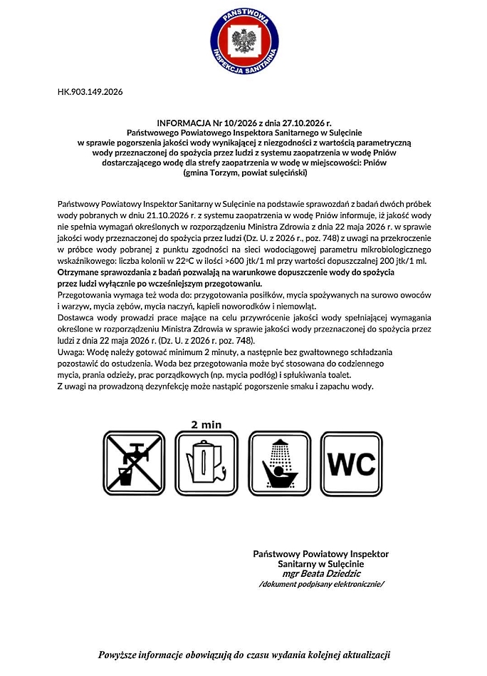UWAGA Pni&oacute;w - komunikat sanepidu w&nbsp;sprawie wody do spożycia