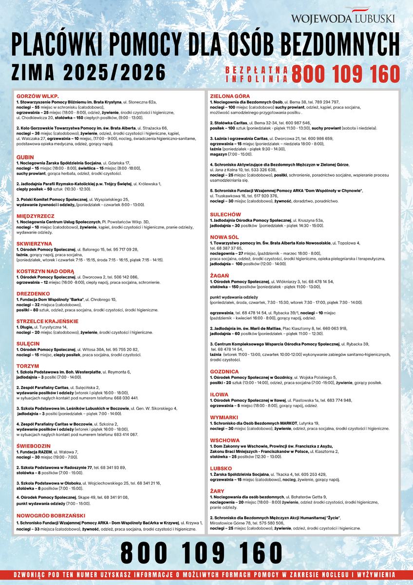 Plac&oacute;wki pomocy dla os&oacute;b bezdomnych - zima 2025-2026