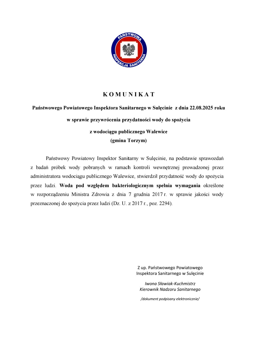 Komunikat sanepid - Walewice - woda przydatna do spożycia