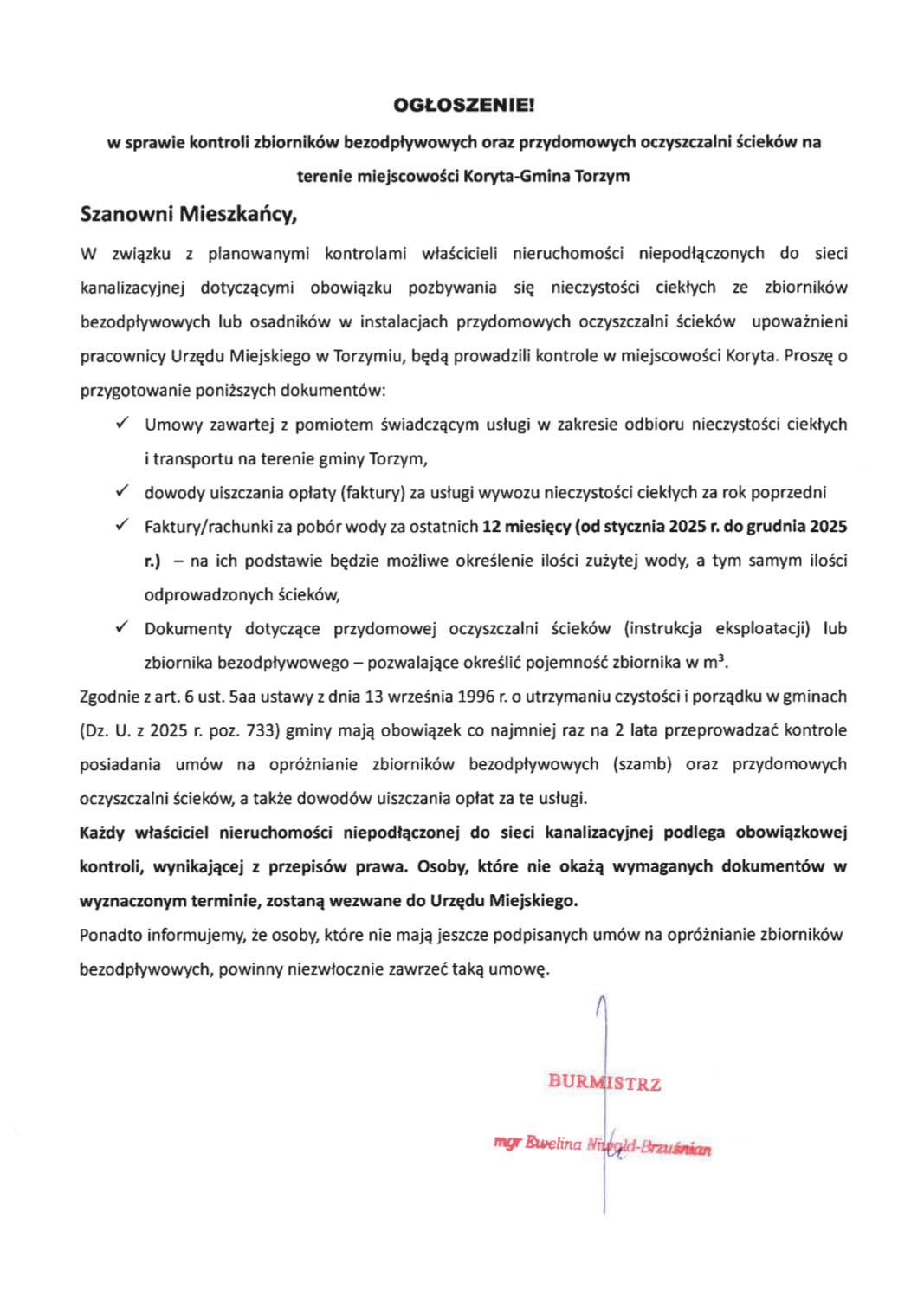 kontrola zbiornik&oacute;w bezodpływowych oraz&nbsp;przydomowych oczyszczalni ściek&oacute;w - Koryta