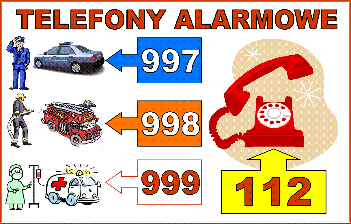 Telefony alarmowe Telefony alarmowe - 112, policja - 997, straż 998, pogotowie 999